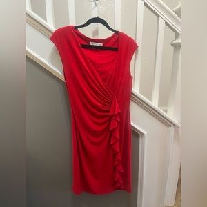 Red faux wrap with ruffles dress